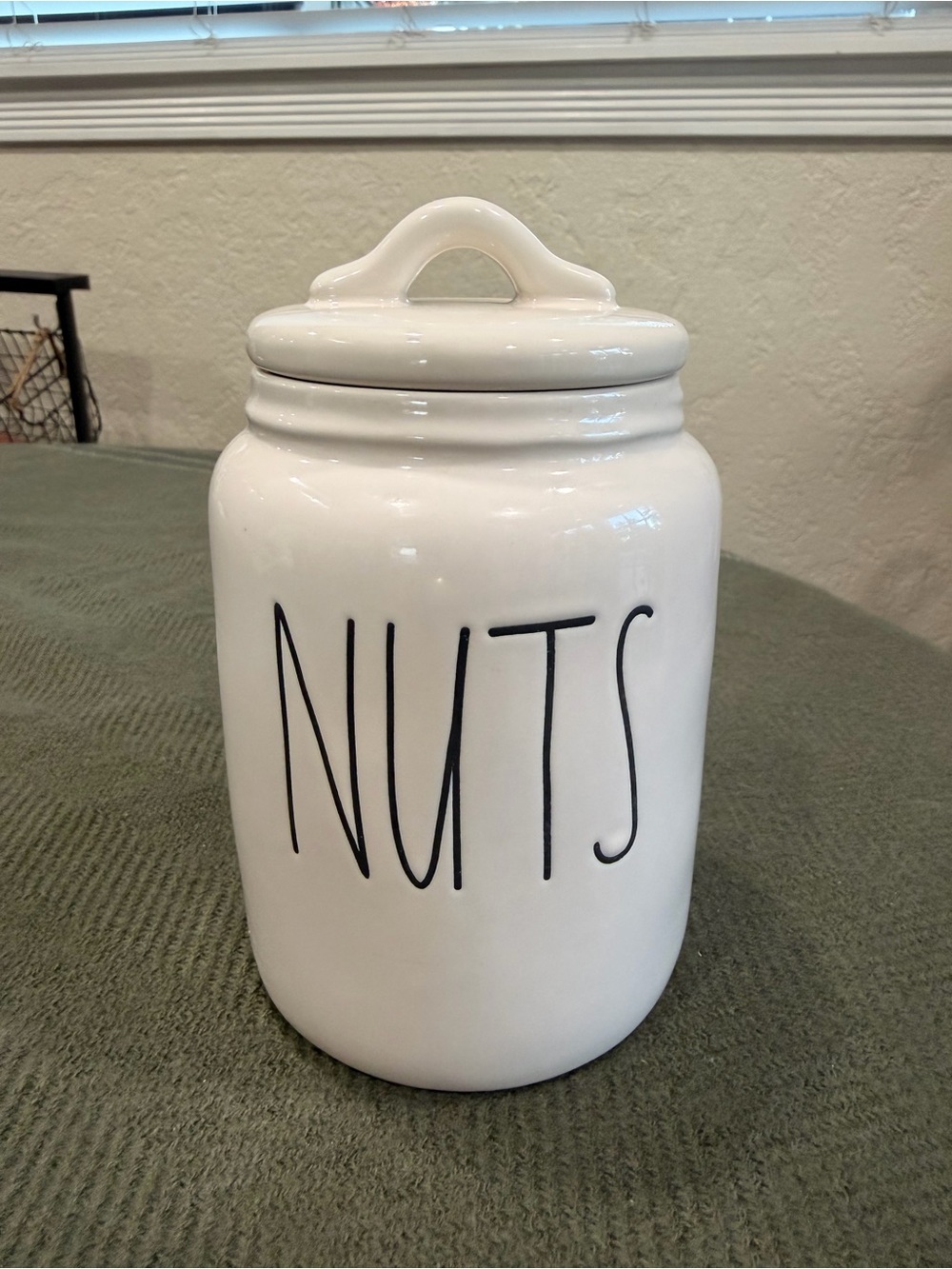 Rae Dunn White Ceramic Canister with Black Hand-Lettered 'NUTS'